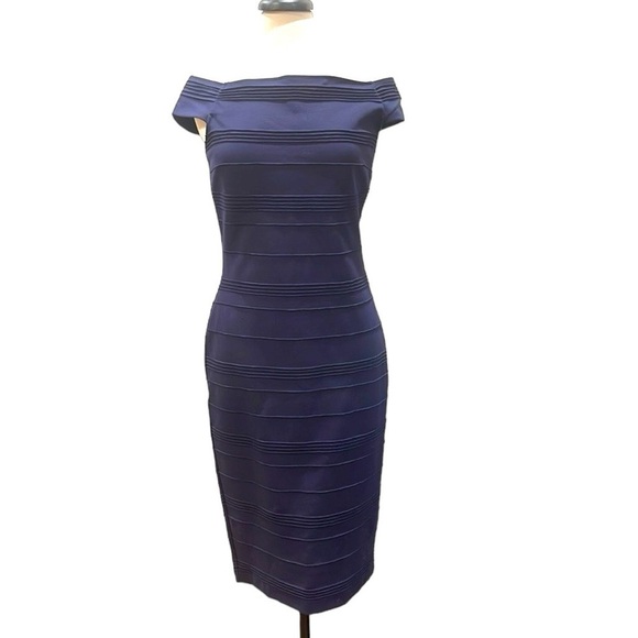 NWT Ted Baker Textured Stripe Off The Shoulder Body Con Dress Navy SZ 10 - Picture 4 of 9